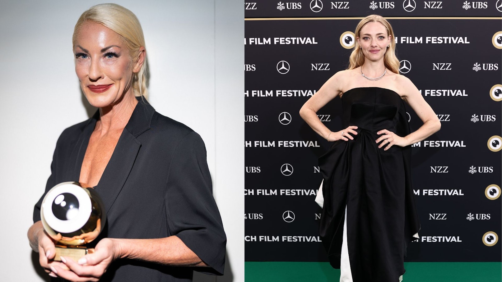 Links hält eine Frau mit blondem Haar in einem schwarzen Outfit eine goldene Trophäe in Form eines Auges. Rechts posiert eine andere blonde Frau in einem trägerlosen schwarzen Kleid auf dem roten Teppich eines Filmfestivals.