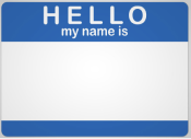 Color photo of a name tag that reads Hello My Name Is