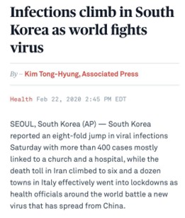 Screenshot of an Associated Press story with the headline Infections climb in South Korea as world fights virus