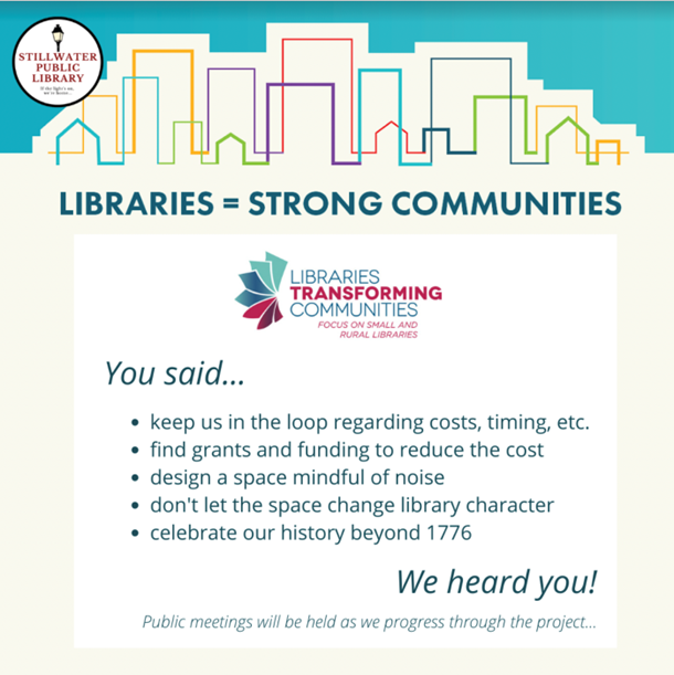 Image from the Stillwater Public Library reporting on the results of its community engagement efforts.
