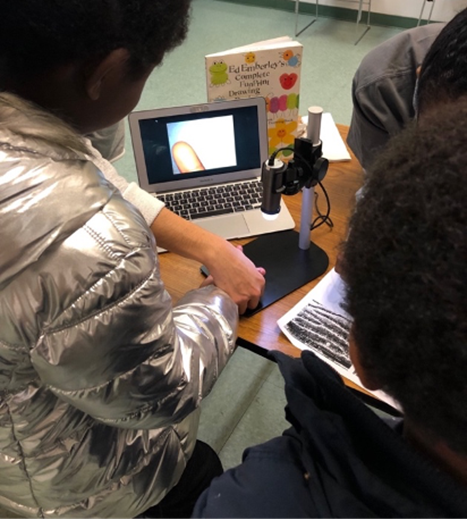 Photograph of children using a magnifying camera connected to a laptop.
