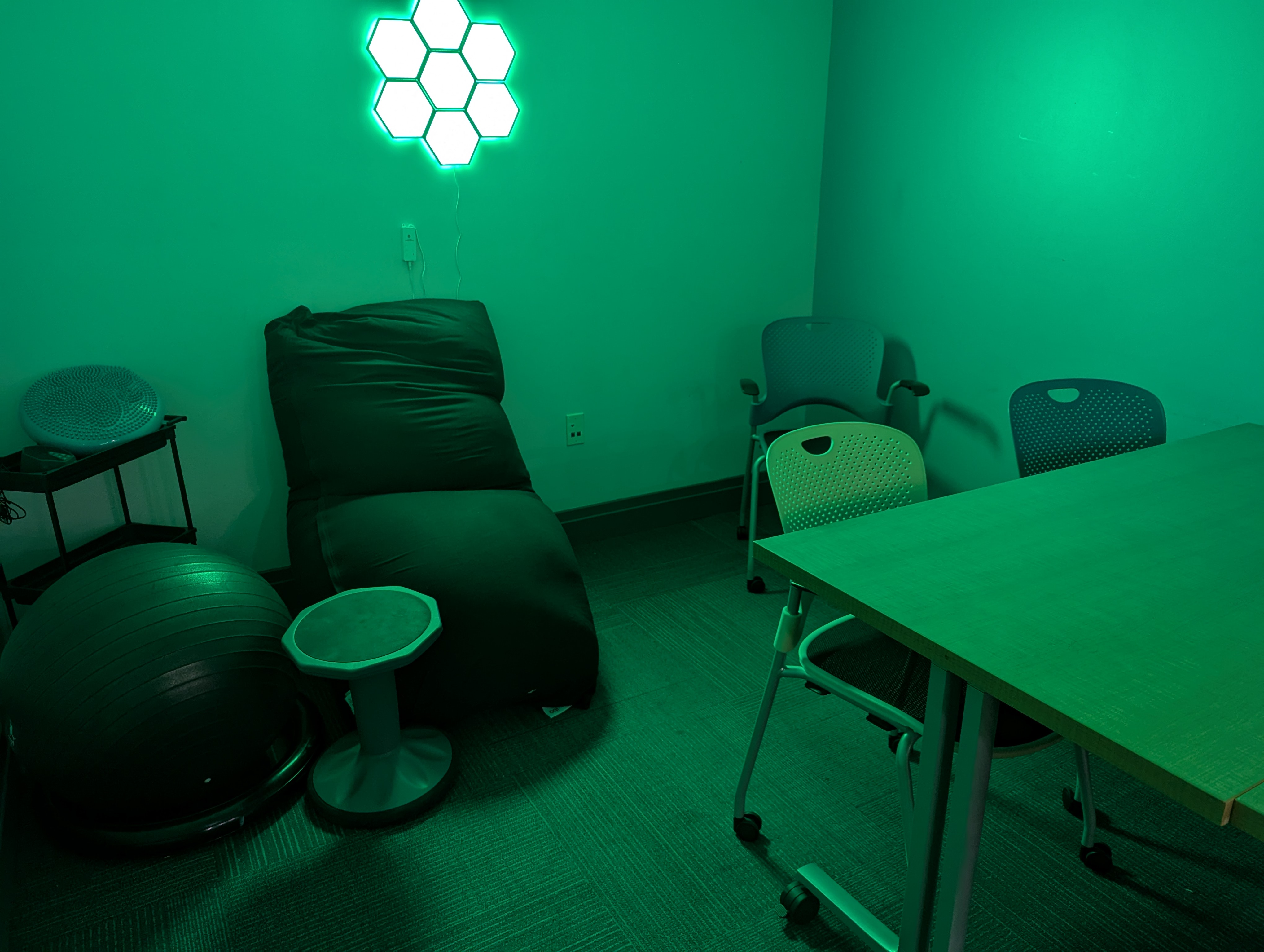 A study room in the Clifton W. Miller Library with green lighting, multiple chair types, a bean bag, balance ball, and tactile seating options under dimmable lights.