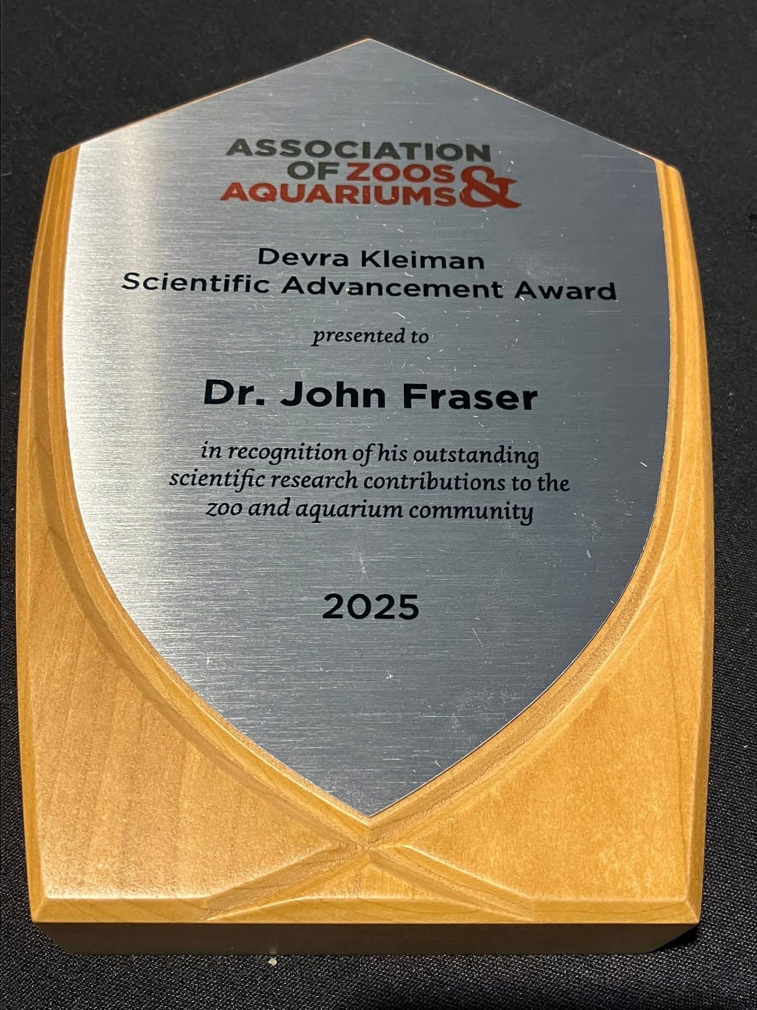 Devra Kleiman Scientific Advancement Award plaque for Dr. John Fraser, 2025