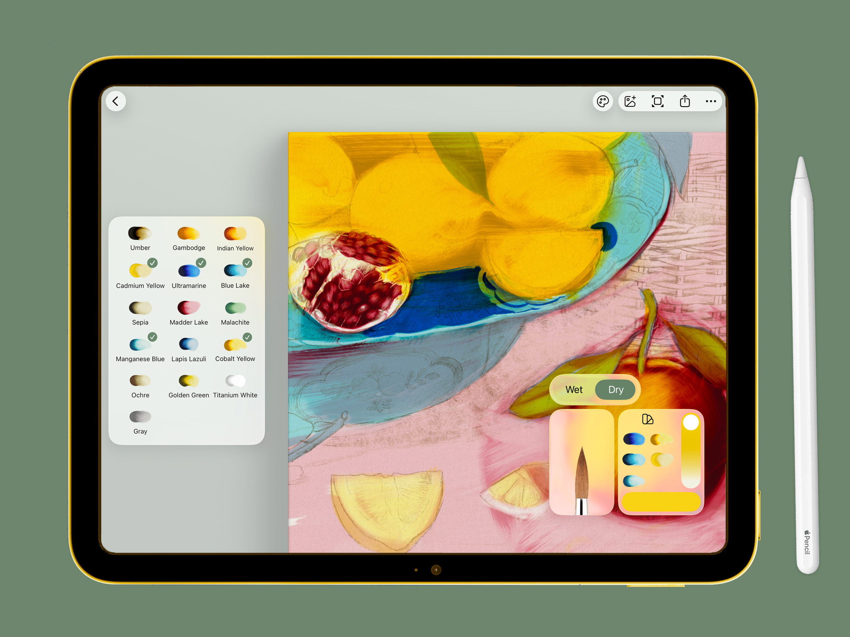 Photo of a tablet displaying a painting app, with a stylus next to the tablet.