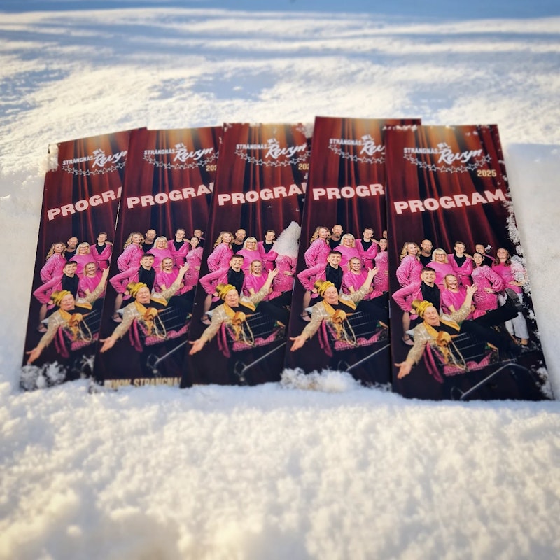 fem programblad som ligger i snön