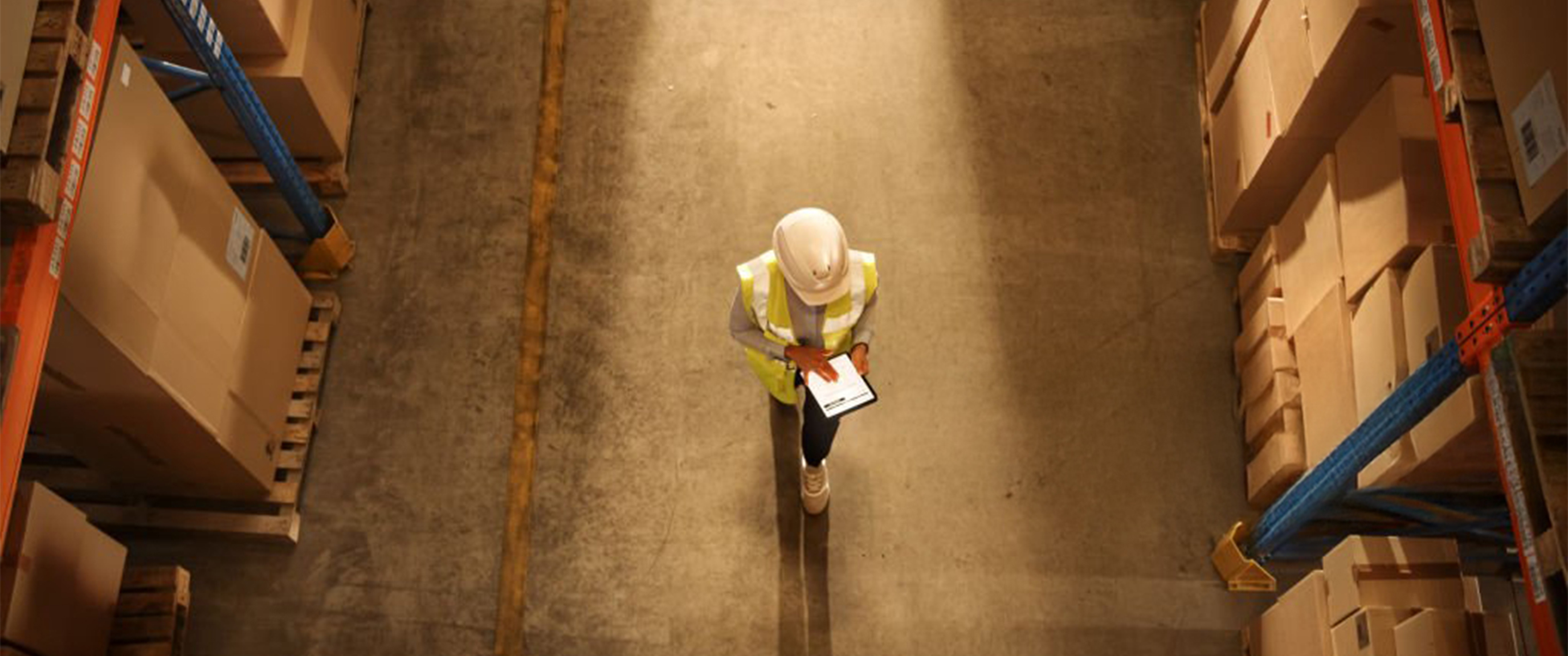 Warehouse worker checking inventory with clipboard.