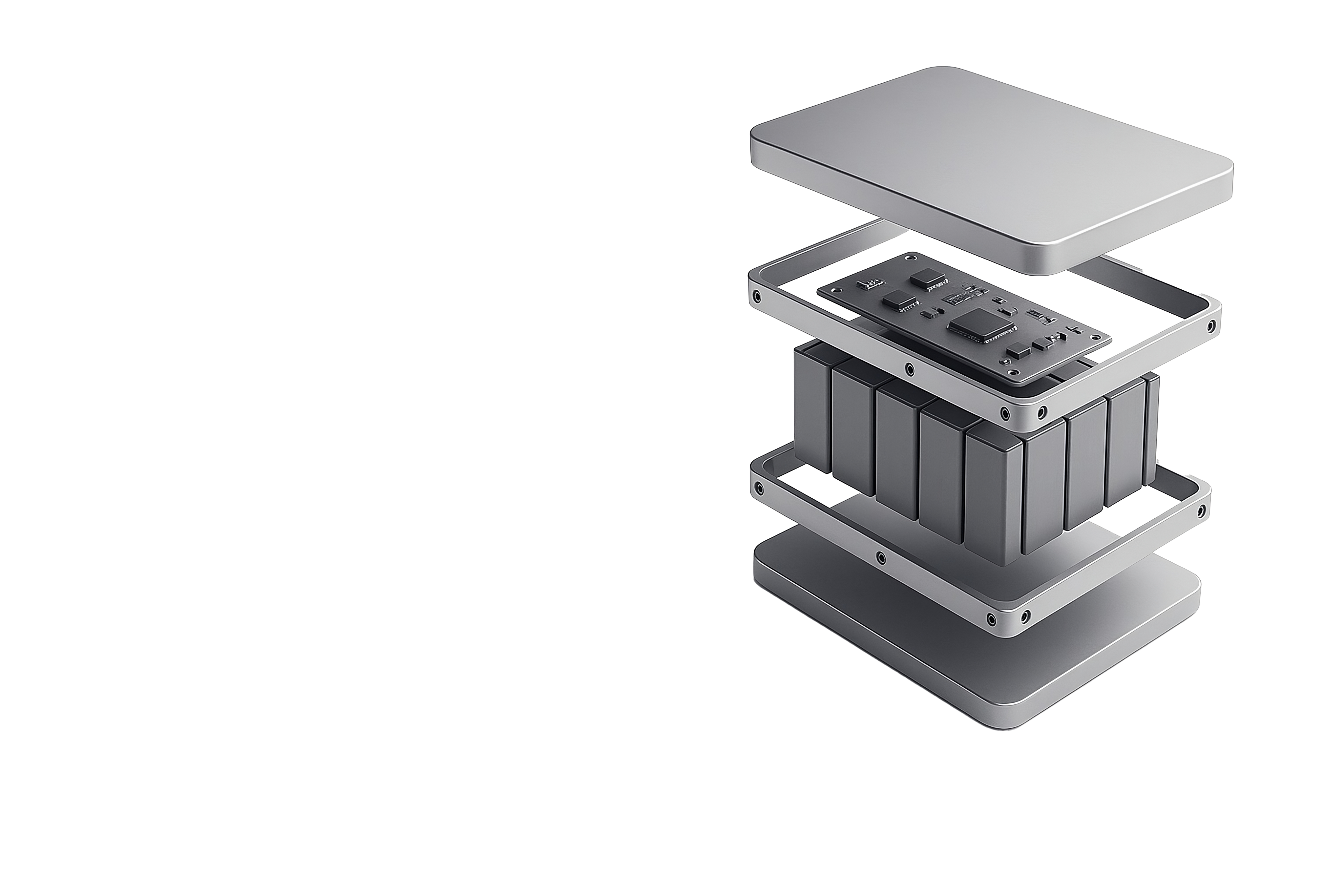Exploded view of a modular battery system showing layered components and battery cells.