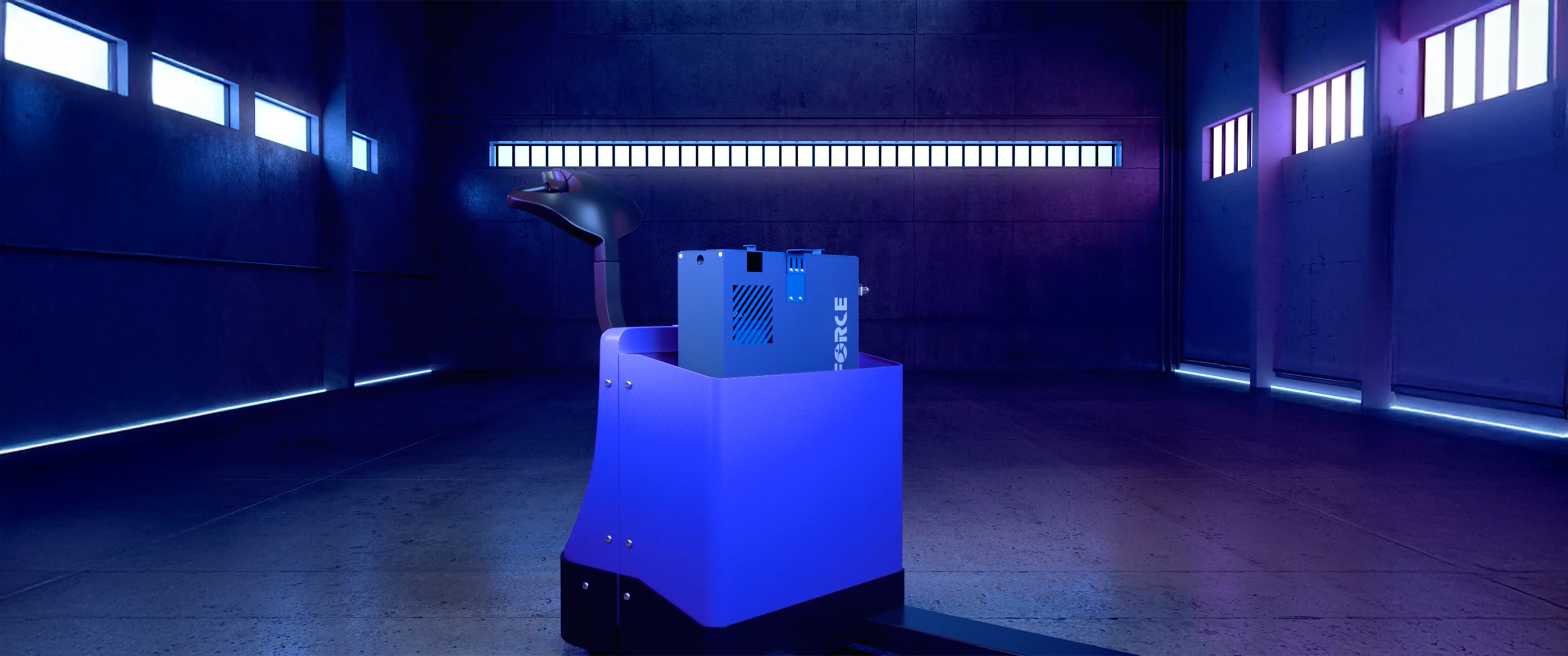 Electric industrial vehicle in a modern warehouse with blue lighting.