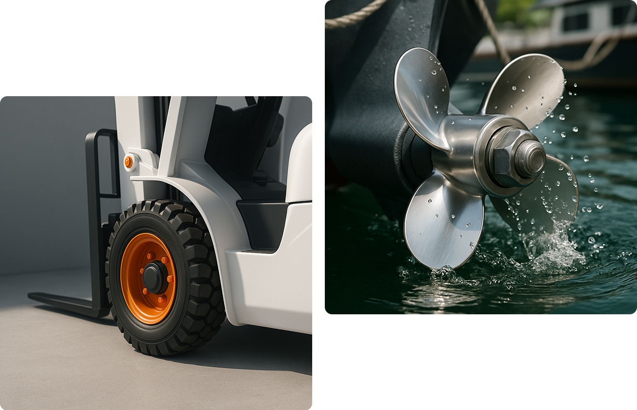 Composite image showing an electric forklift wheel and a marine propeller, symbolizing sustainable industrial and maritime mobility.