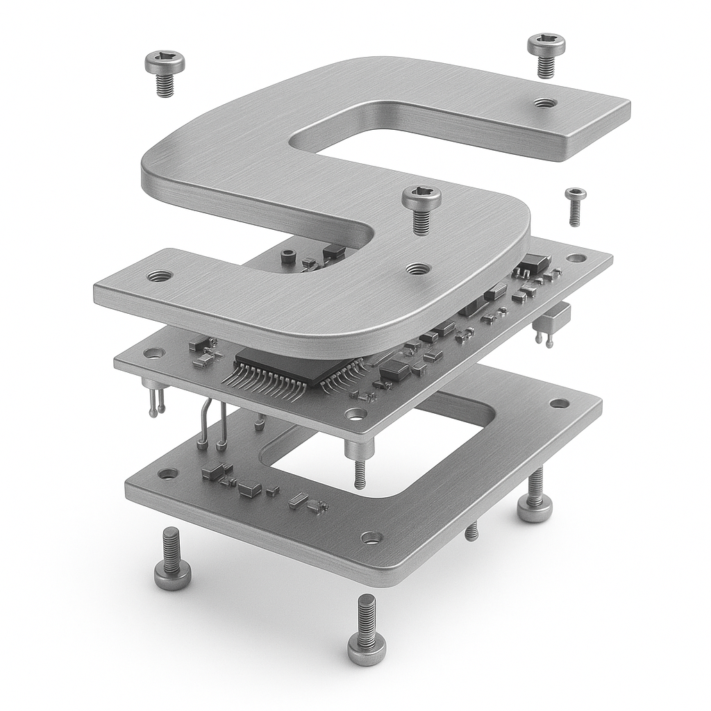 3D exploded view of the letter "S" built from mechanical and electronic components, symbolizing technology and innovation.