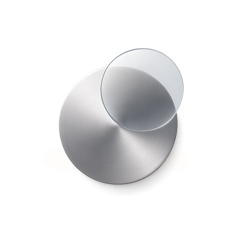 Polished metal surface with layered overlay, representing precision technology.