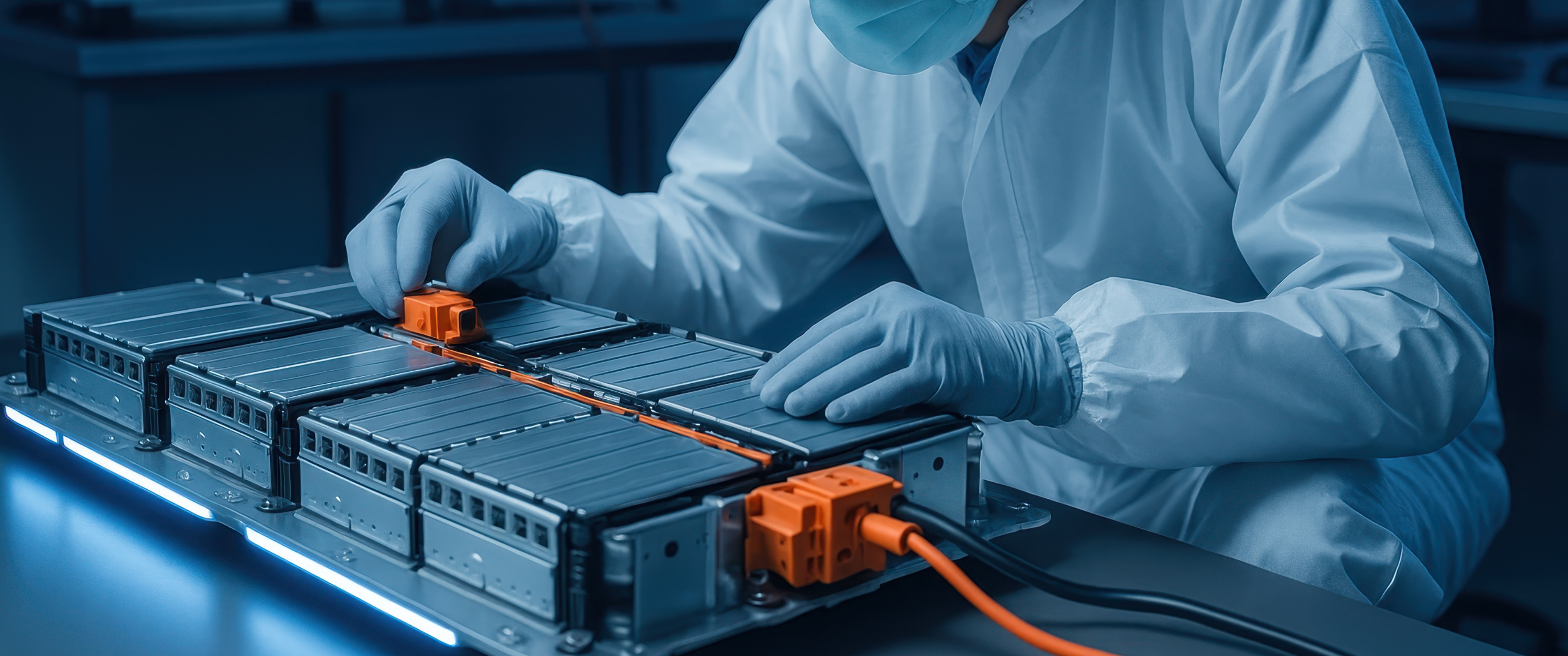Technician assembling battery modules with connectors.