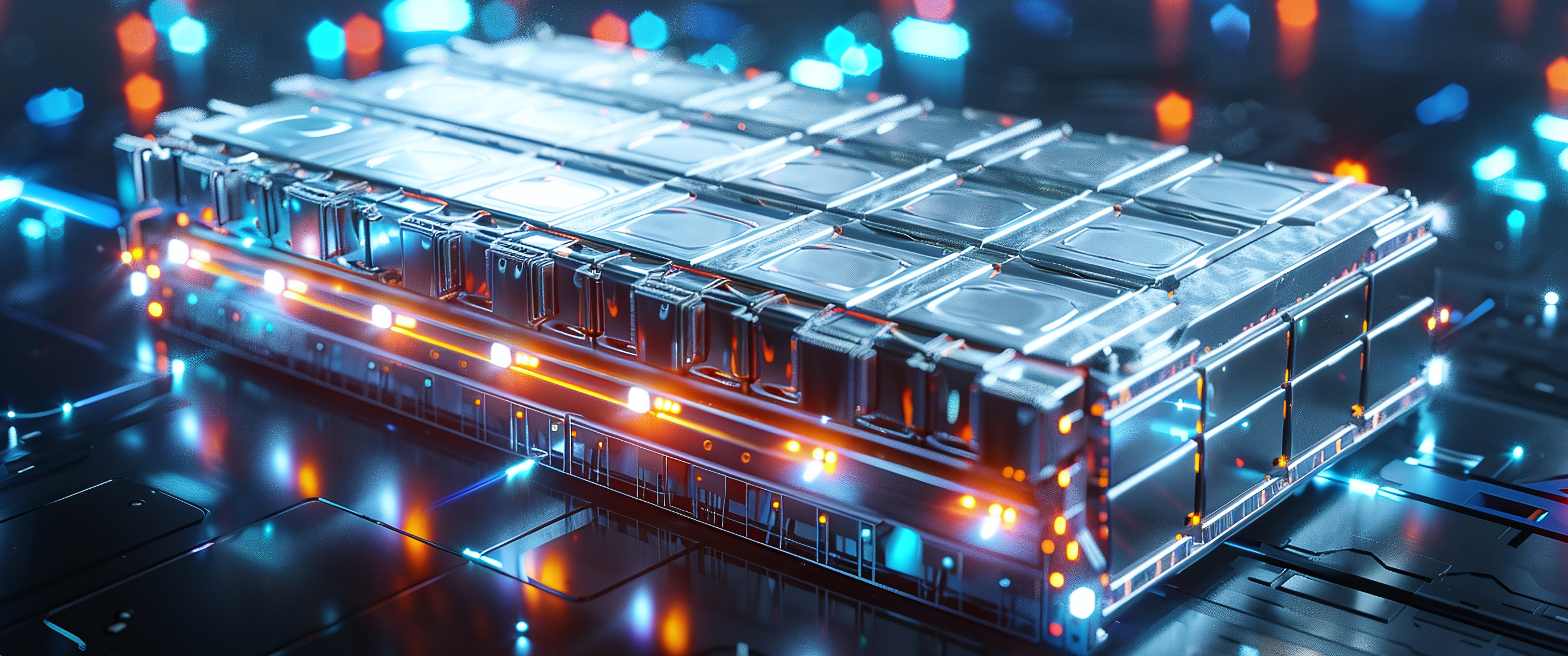 Advanced battery module with illuminated components.