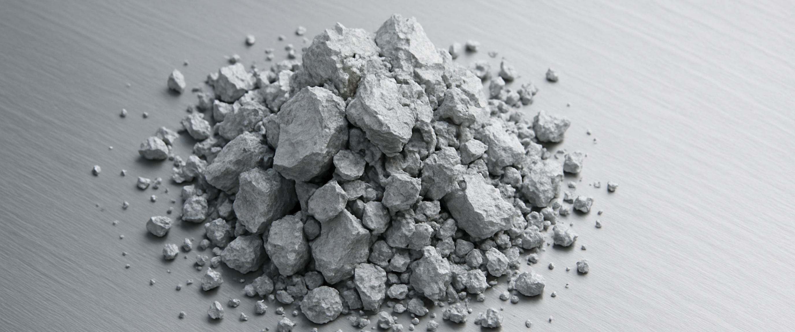 Pile of gray mineral powder and rocks on metal surface