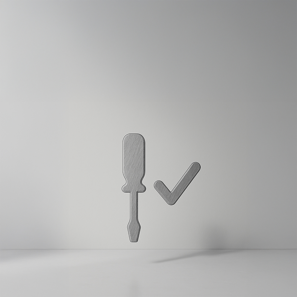 Minimalist screwdriver icon next to a checkmark, symbolizing completed repair or verified work”