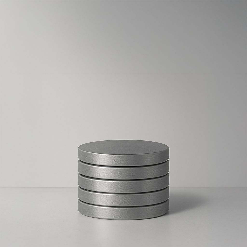 Minimalist stack of metallic discs, symbolizing raw materials or resource management