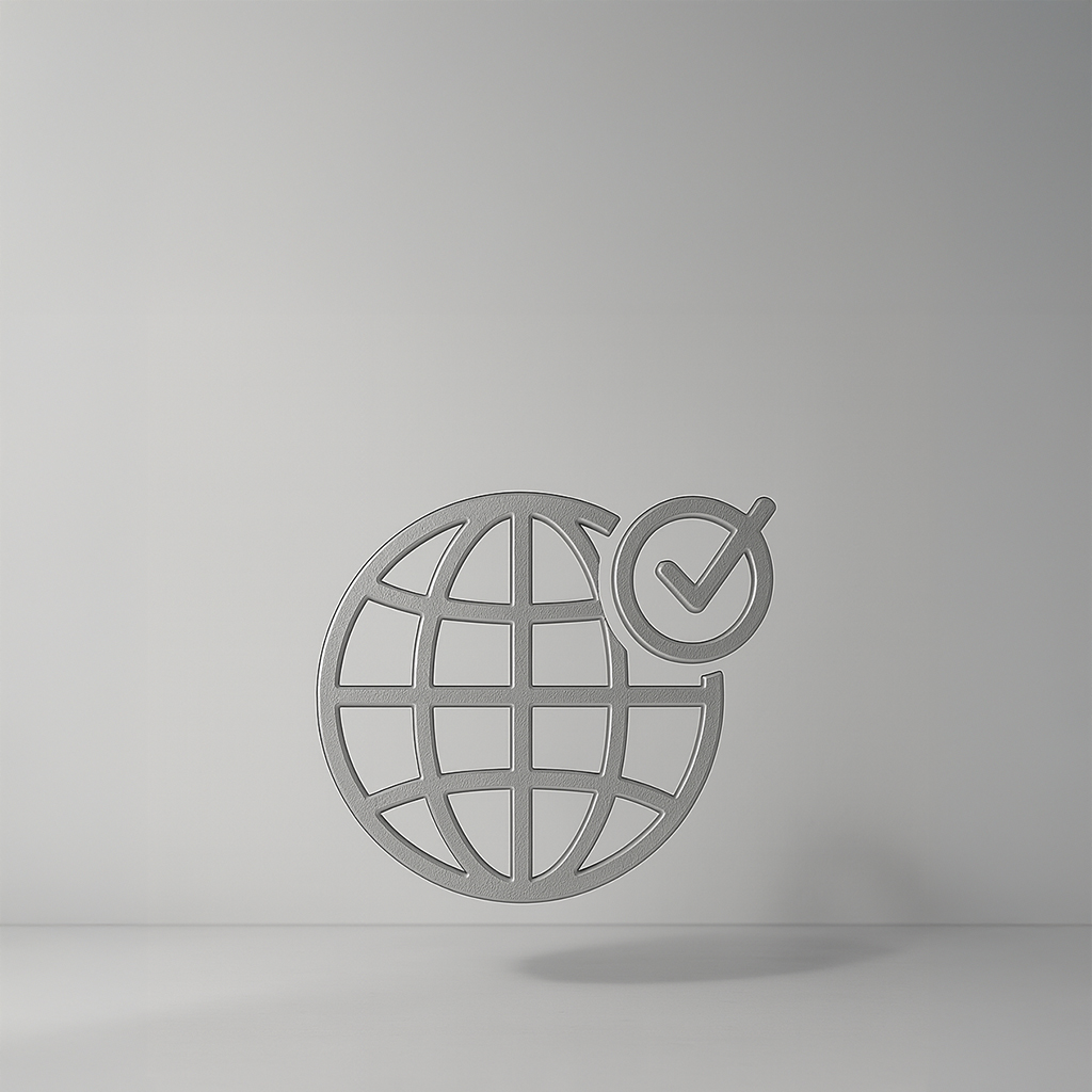World globe with a checkmark, symbolizing global standards, compliance, or verified impact