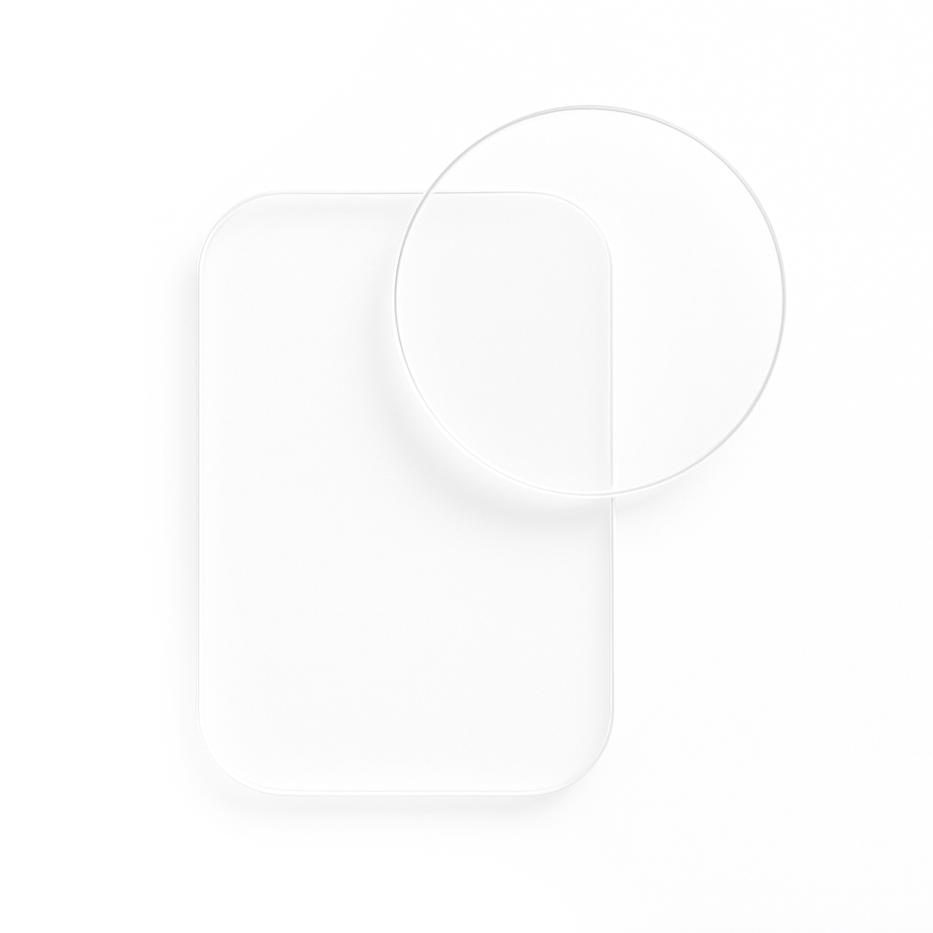 Minimal white geometric shapes with subtle shadows and a small blue accent dot.