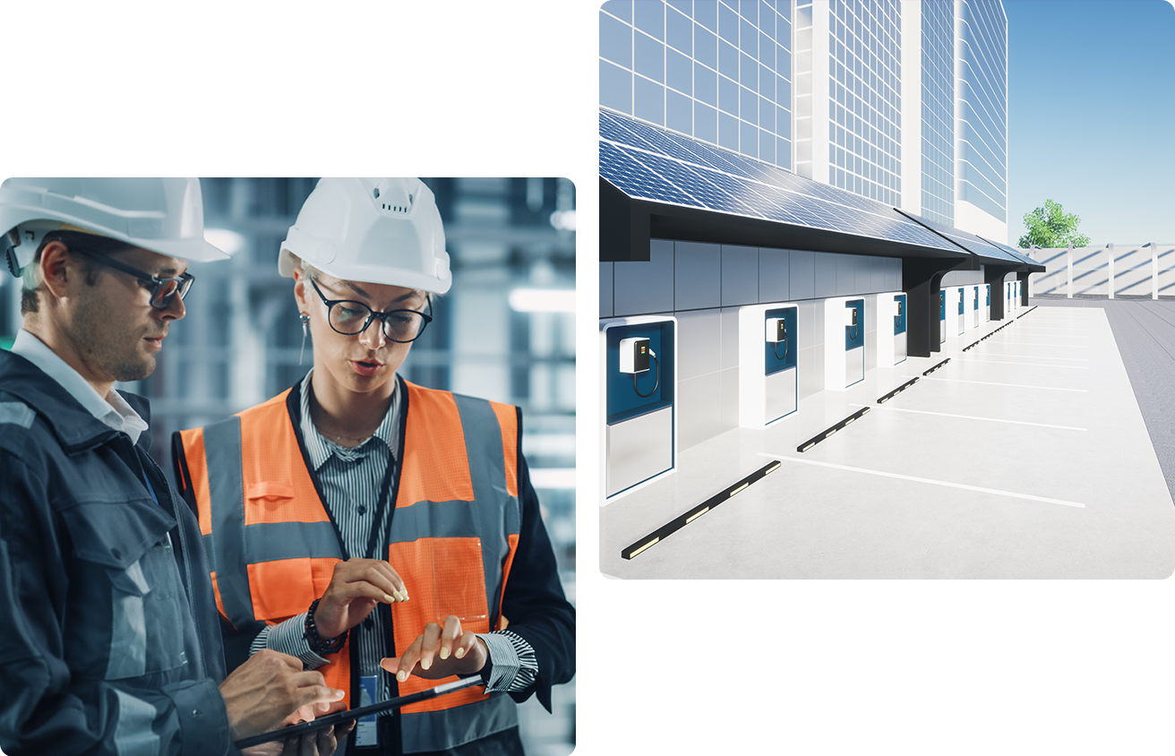 Engineers reviewing data and industrial energy storage units.