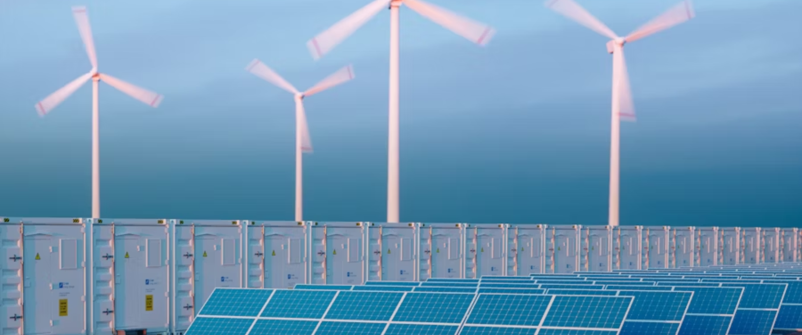 Solar panels and battery storage with wind turbines in background.