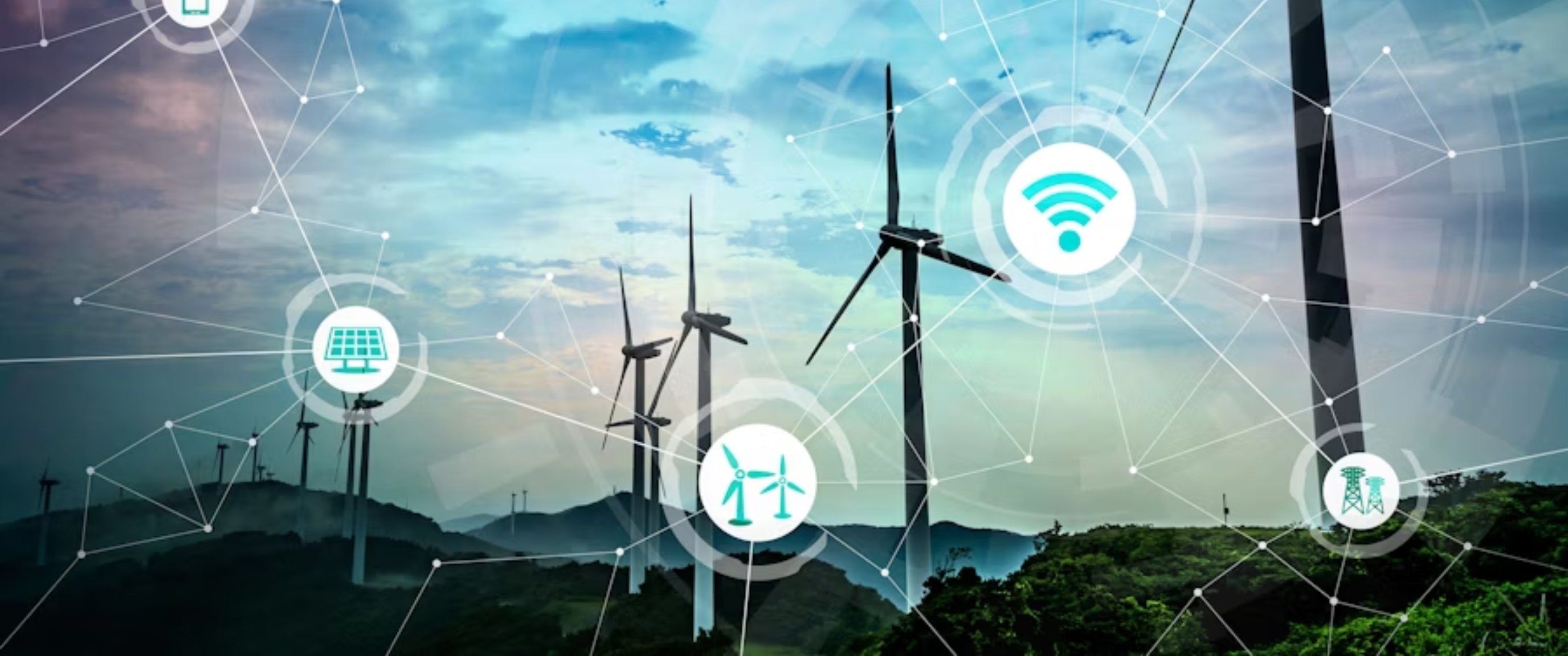Wind turbines with digital energy network overlay.