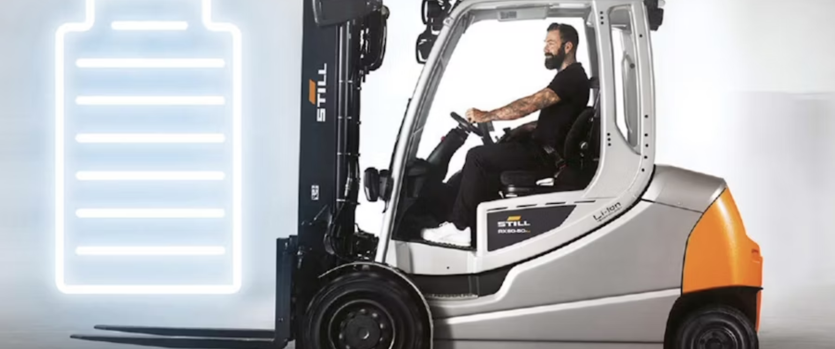 Forklift operator driving electric forklift with battery icon.