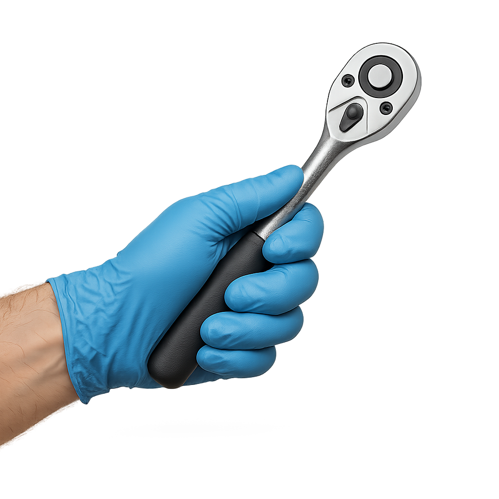 Hand in glove holding a ratchet wrench.