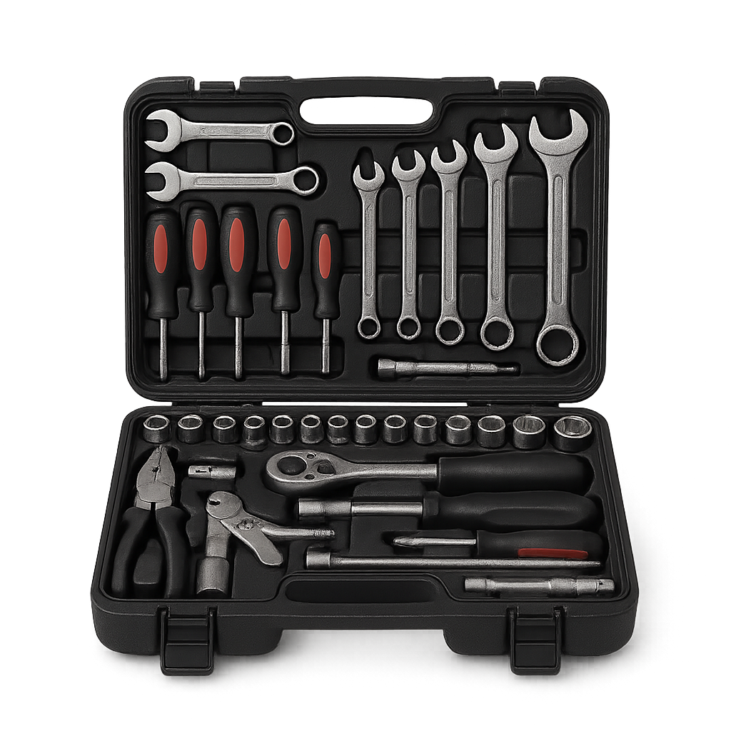 Tool kit with wrenches, screwdrivers, and sockets in a case.