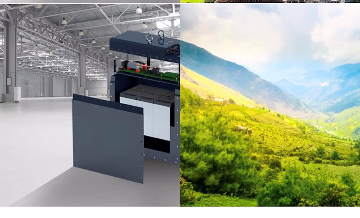 Split image of industrial battery system and green natural landscape.