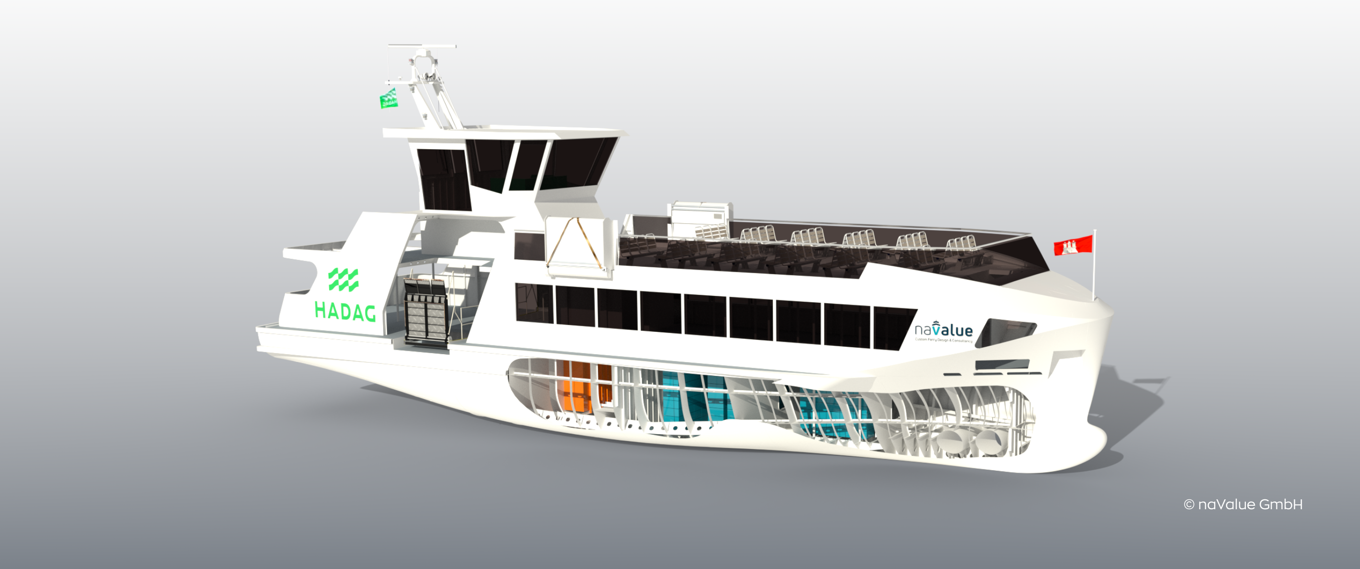 Electric passenger vessel with visible battery system layout.
