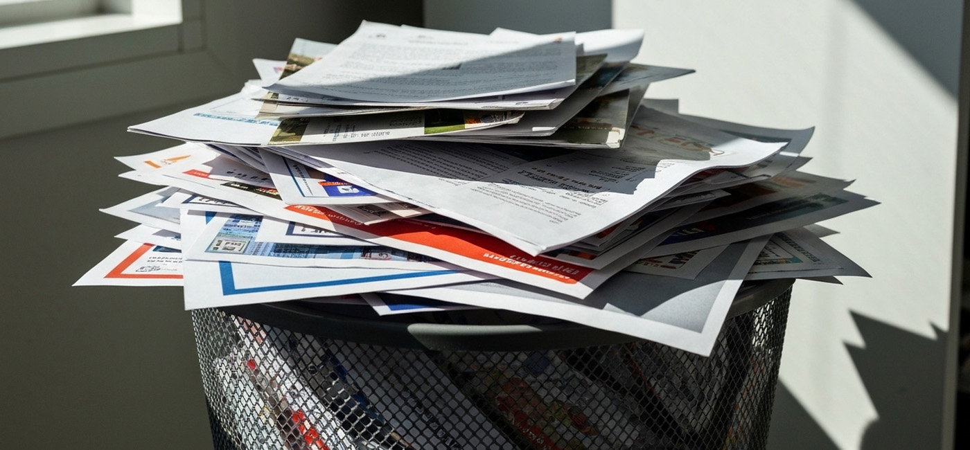 A haphazard pile of discarded flyers and papers, crumpled and slightly torn, overflows a wire mesh trash can in a brightly lit office. Sunlight streams in from a nearby window, casting sharp, defined shadows across the uneven surfaces of the paper stack and highlighting the different textures of glossy brochures and matte printer paper. The color palette leans towards muted tones of white, grey, and faded pastels, punctuated by the occasional vibrant hue peeking through from a half-hidden advertisement.
