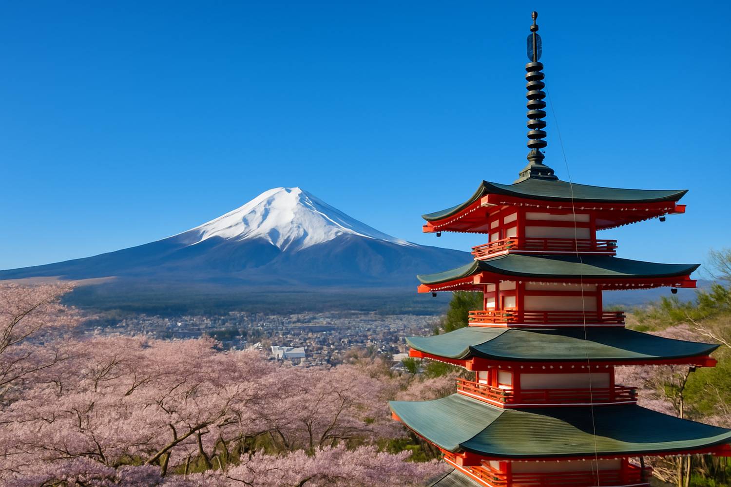 Mount Fuji and cherry blossoms seen through the five-storied pagoda on a clear day