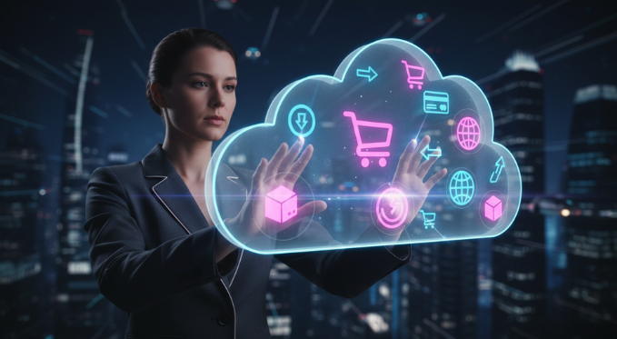 Femme interagissant avec une interface holographique en forme de nuage, symbolisant le commerce numérique et la technologie cloud.
