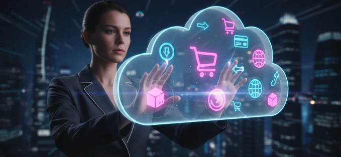 Femme interagissant avec une interface holographique en forme de nuage, symbolisant le commerce numérique et la technologie cloud.