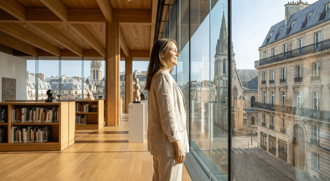 Une femme debout dans une galerie lumineuse, regardant par une grande baie vitrée sur des bâtiments historiques et une église en arrière-plan.