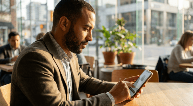 Homme en costume utilisant un smartphone dans un café lumineux, avec des plantes et des passants en arrière-plan.