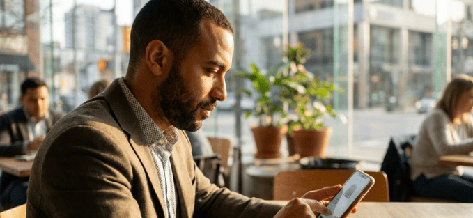 Homme en costume utilisant un smartphone dans un café lumineux, avec des plantes et des passants en arrière-plan.