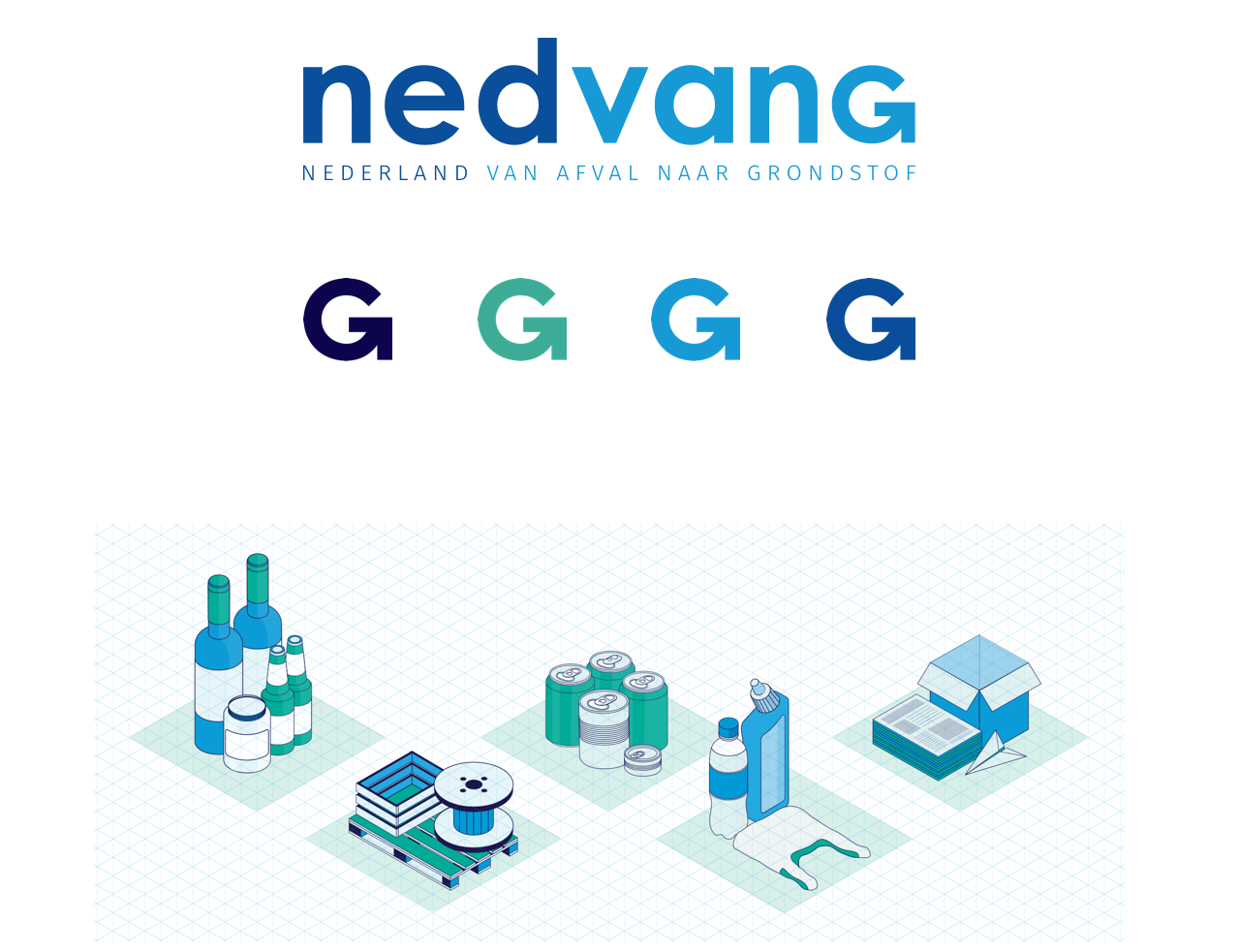 Logo van Nedvang en 5 illustraties van recycling materialen