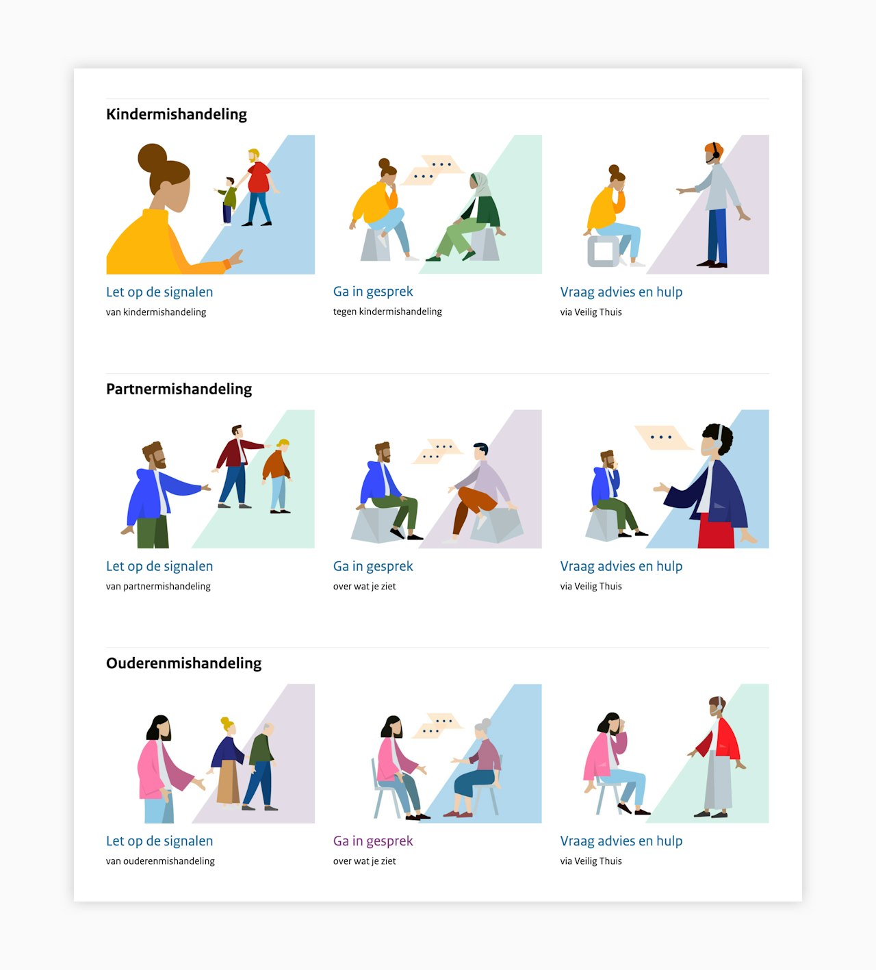 In de afbeelding staan de drie handelingsmotiven in illustraties uitgebeeld, let op de signalen, ga in gesprek en vraag advies en hulp.
