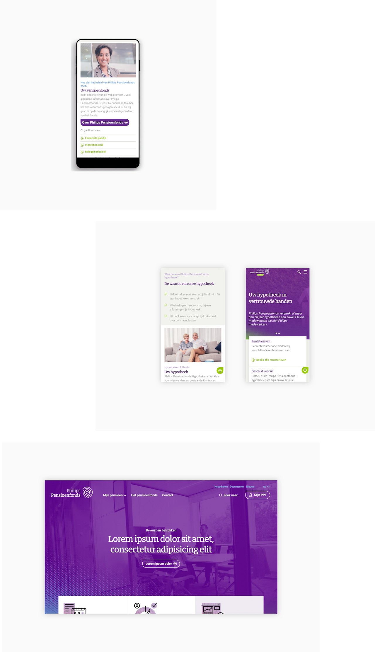 In de afbeelding staan screenshots van de website www.philipspensioenfonds.nl weergegeven.