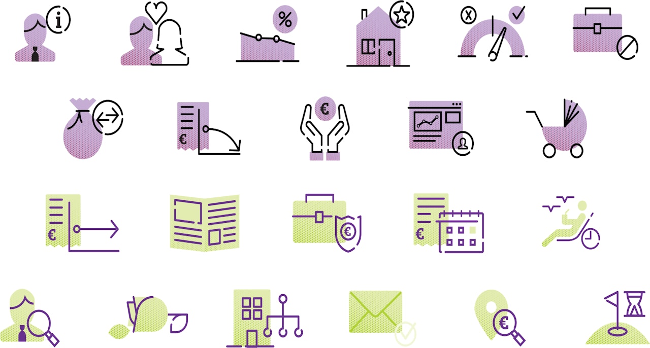 In de afbeelding staan diverse voorbeelden van iconen die voor de website www.philpspensioenfonds.nl zijn ontwikkeld. 