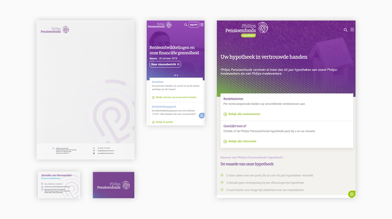 In de afbeelding staan een aantal voorbeelden van andere materialen in de nieuwe huisstijl: briefpapier, visitekaartjes en emailtemplates.