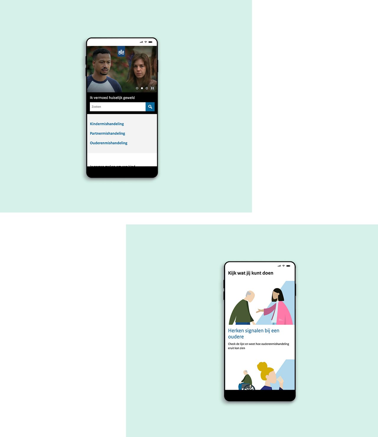 Twee telefoonschermen met afbeeldingen van de website