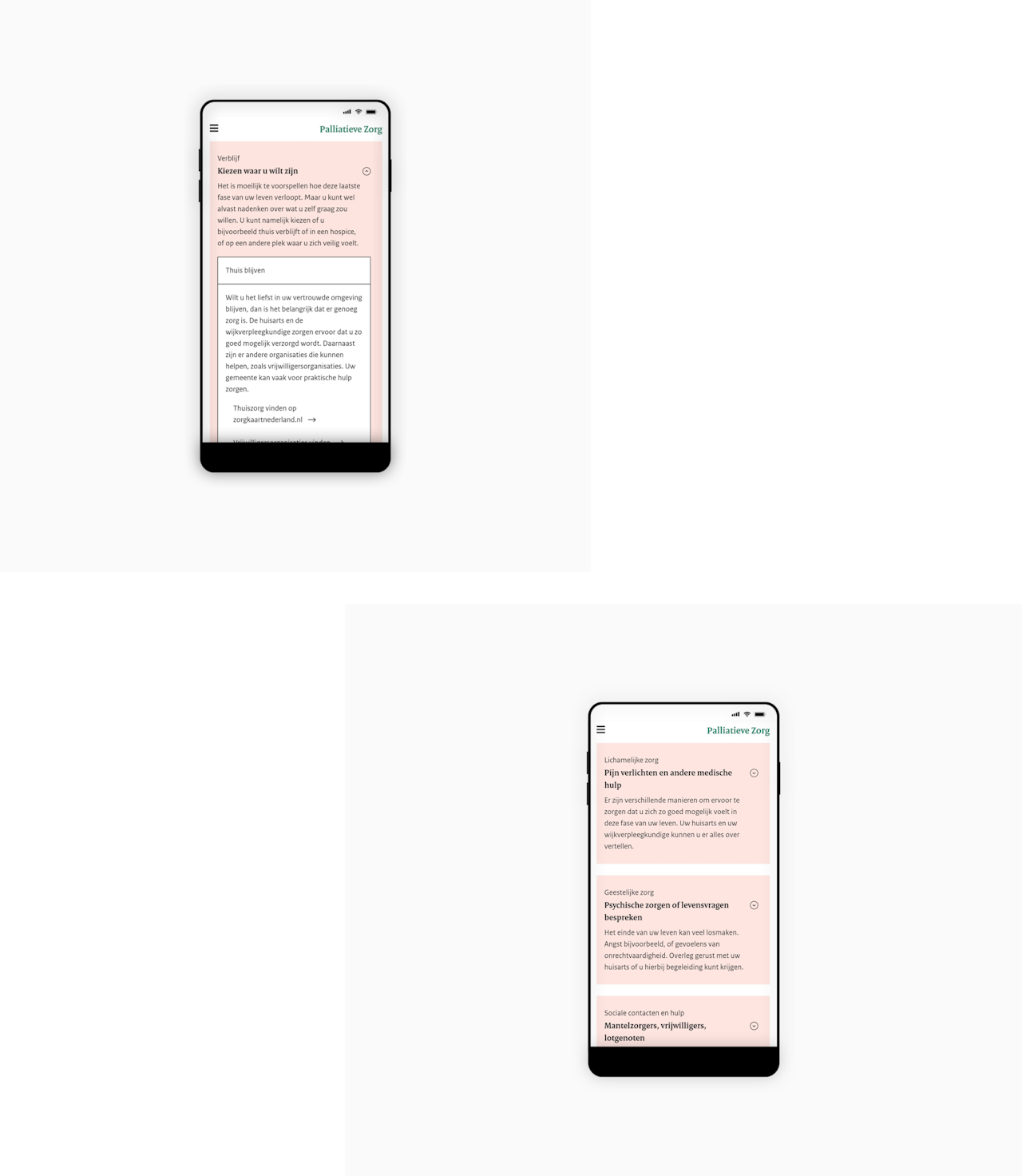 Twee telefoonschermen met afbeeldingen van de website van Palliatieve Zorg