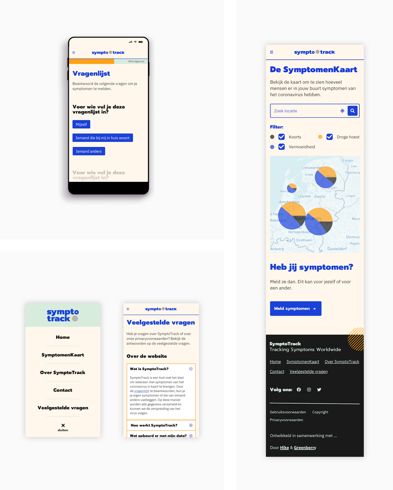 Mobiele schermen van Symptotrack. Voorbeelden van de vragenlijst, het menu, veelgestelde vragen en de Symptotrack kaart