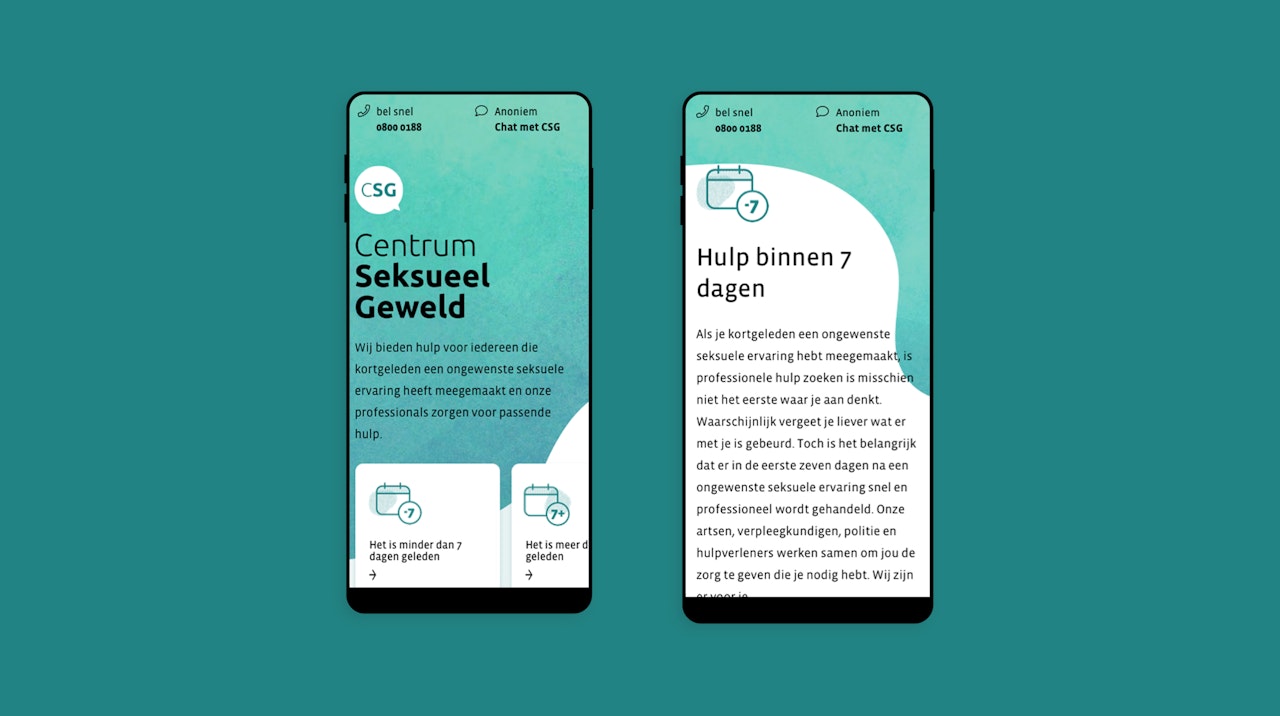 Twee telefoonschermen met afbeeldingen van de website van Centrum voor Seksueel Geweld