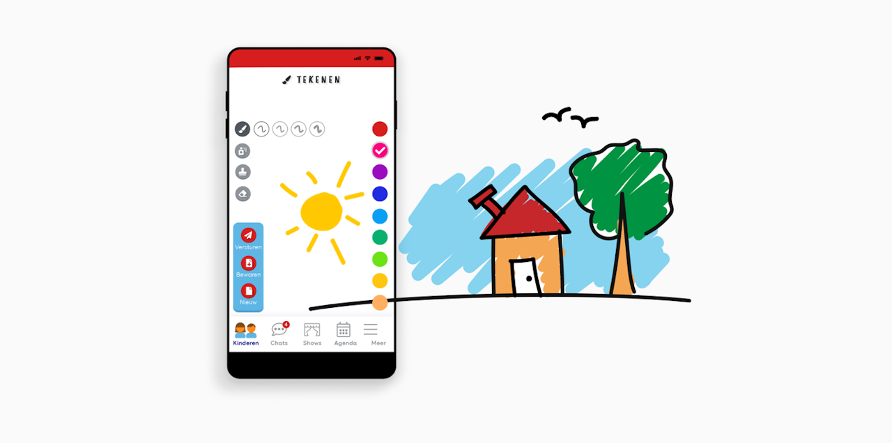 Mobiel scherm van de tekenfunctie van de CliniClowns app en een illustratie van een huis met een boom