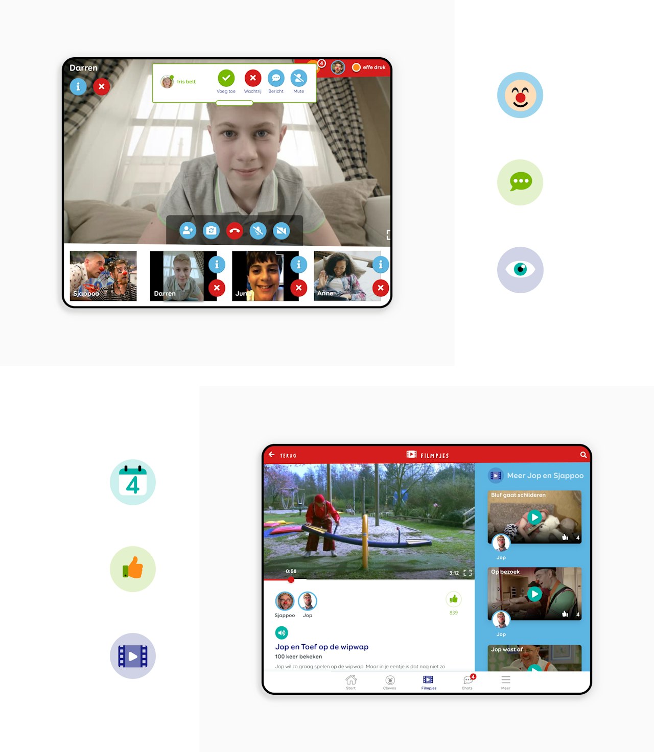 Twee iPad schermen. Een toont de belfunctie van de CliniClowns app. Een scherm toont de filmpjes functie van de app. Om de schermen heen staan 6 illustratieve iconen voor: clown, chat, bekijk, agenda, duimpje en film.