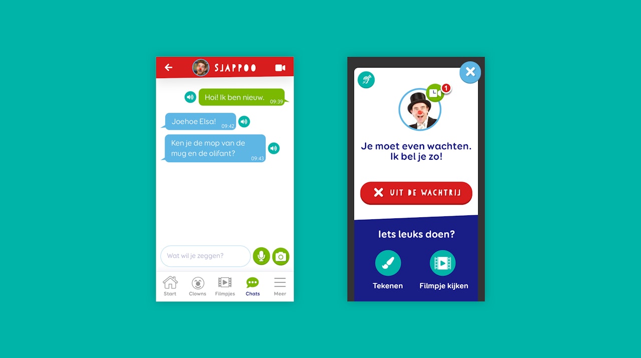 Twee ontwerpen van mobiele schermen. Een toont de chatfunctie. Een toont de wachtrij binnen de belfunctie.
