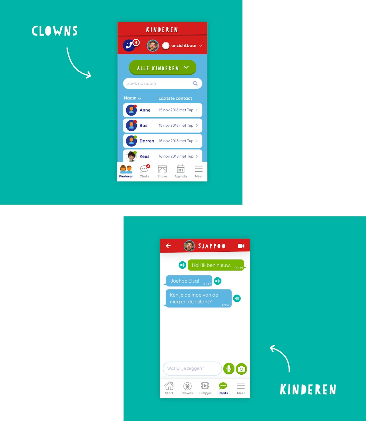 Twee ontwerpen van mobiele schermen. Een voorbeeld van de app voor de clowns. Een voorbeeld van de app voor de kinderen.